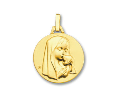 Medalla Contemporanea De La Virgen Con El Niño, Oro Amarillo De 18 Quilates