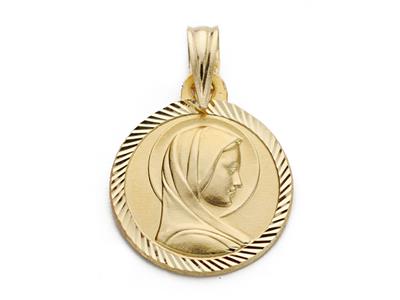 Medalla Hueca De La Virgen Con Bordes Grabados 14 Mm, Oro Amarillo De 18 Quilates