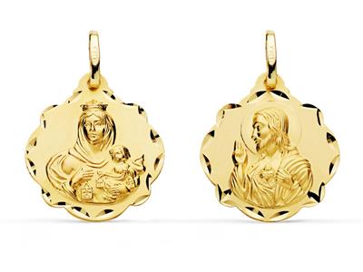 Medalla Escapulario Hueco Con Bordes Cincelados 18 Mm, Doble Cara, Oro Amarillo 18k