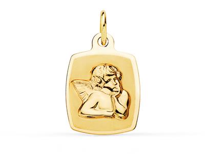 Medalla De Angel, Satinada Y Hueca, Forma De Tonel, 19 X 13 Mm, Oro Amarillo De 18 Quilates