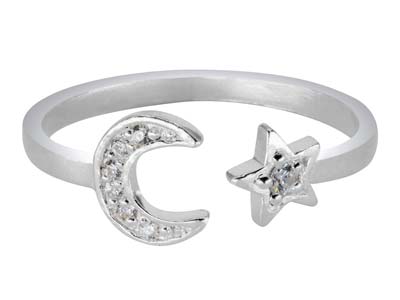 St Sil Cz Moon & Star Design Adjustable Ring - Imagen Estandar - 1