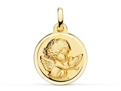 Medalla Angel Pajaro Hueco 16 Mm, Bordes Grabados, Oro Amarillo 18k