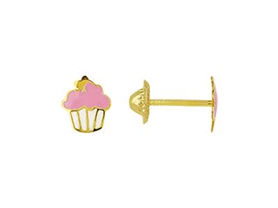 Pendientes Cupcake Esmalte Rosa Y Blanco, 6 Mm, Oro Amarillo 18k
