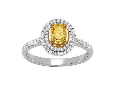 Anillo Solitario, Diamante Amarillo Ovalado 0,77ct, Diamantes 0,28ct, Oro Blanco 18k, Dedo 52