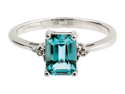 St Sil Ring With Emerald Cut Blue Topaz & Diamond, Size P - Imagen Estandar - 1