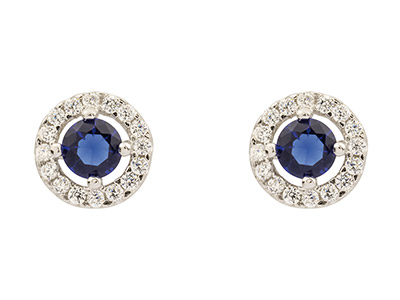 St Sil Round Halo Stud Erings With Blue  White Cz